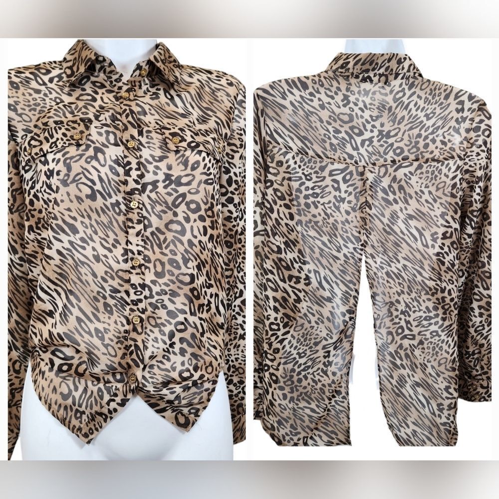 🔹️Black & Tan Metallic Animal Print Semi Sheer Long Sleeve Top Small